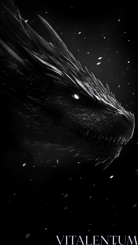 Shadow dragon head emerges from darkness in icy storm