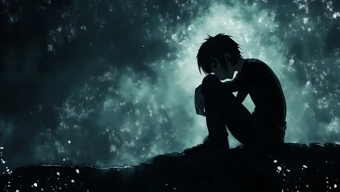 Silhouetted anime figure in introspective nocturnal composition.