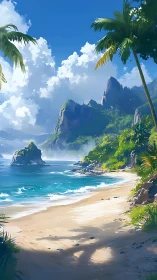 Tropical Coastal Landscape: Rendered Paradise Beach with Vertical Cliff Formations