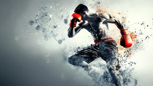 Explosive Boxing Athlete in Dynamic Motion with Particle Dispersion Effect