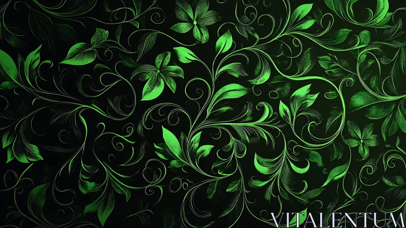 Intricate green floral scrollwork pattern on dark gradient background