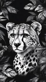 Monochrome cheetah portrait emerging from dark foliage.