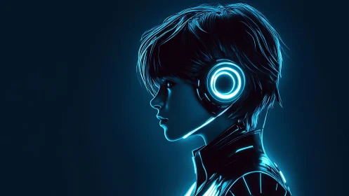 Cyberpunk profile portrait shows neon-lit wired listener