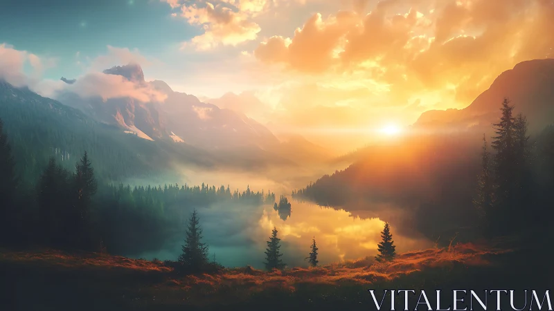 Sunrise drapes a misty mountain lake in molten quiet light