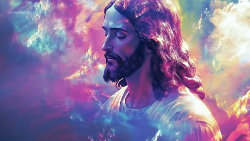 Serene robed figure amid luminous multicolor clouds.