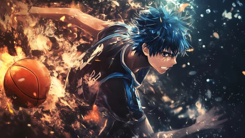 Blazing blue‑haired baller charging through molten stardust.