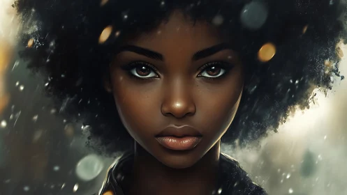 Ethereal portrait of afro haired woman in luminous drizzle.