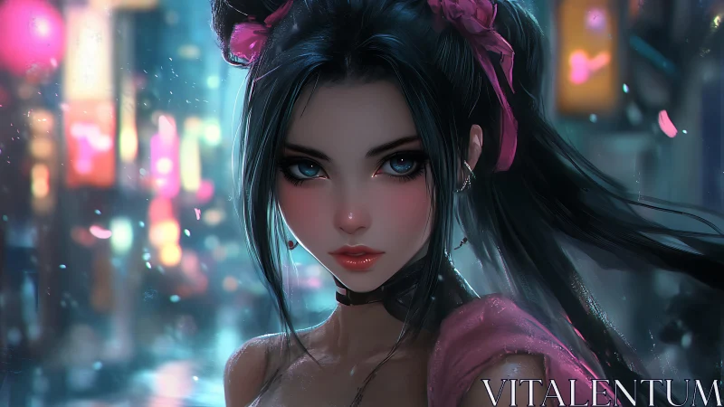 Neon city girl gazes softly through rainlit midnight streets