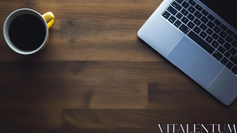 Overhead composition of laptop and coffee on laminated wood.
