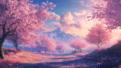 Gentle cherry blossom lane leading toward quiet snowy peaks.