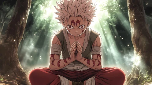 White-haired anime warrior meditating in glowing forest.