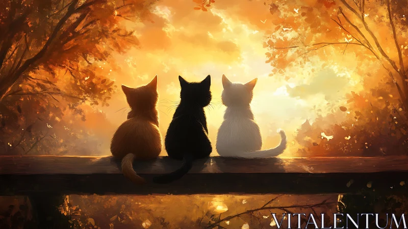 Three Cats Contemplate Autumn's Luminous Veil.