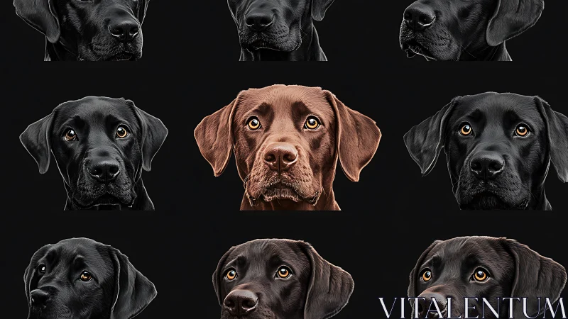 Chocolate labrador centered among black lab portraits on black