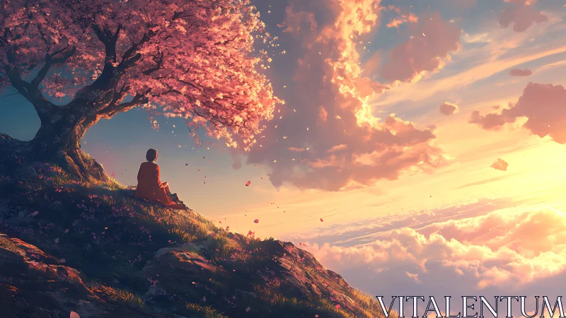 Solitary figure under blossom tree above glowing clouds.