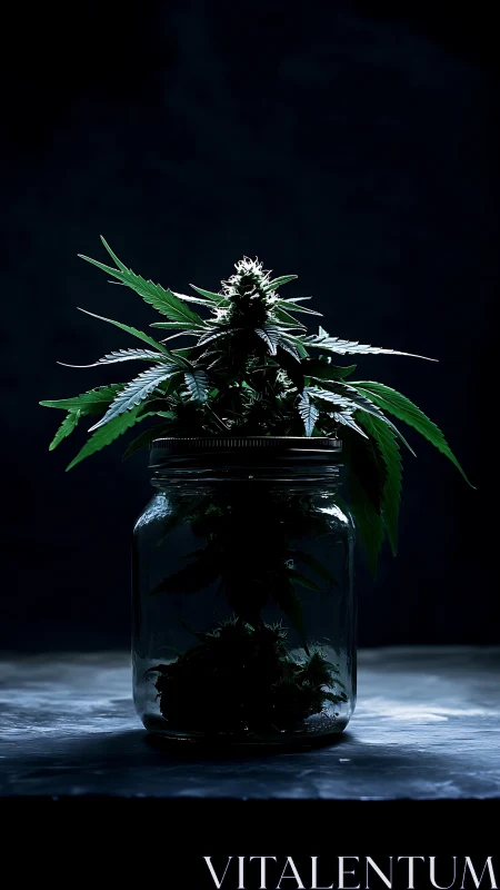 Jar-lit cannabis plant glowing against deep night backdrop.