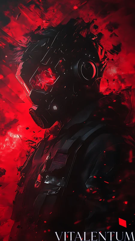 Futuristic armored soldier in red digital inferno scene.