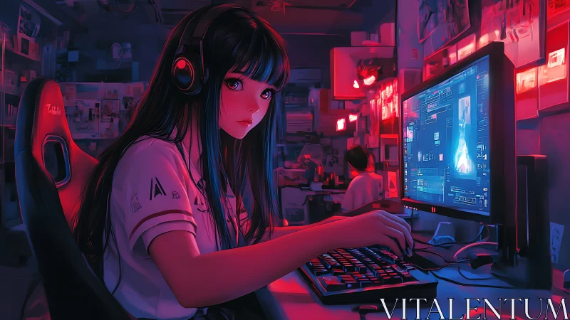 Midnight gamer girl glows in neon light at her PC desk