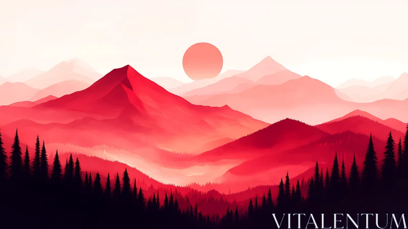 Crimson mountain ranges under stylized rising sun glow.