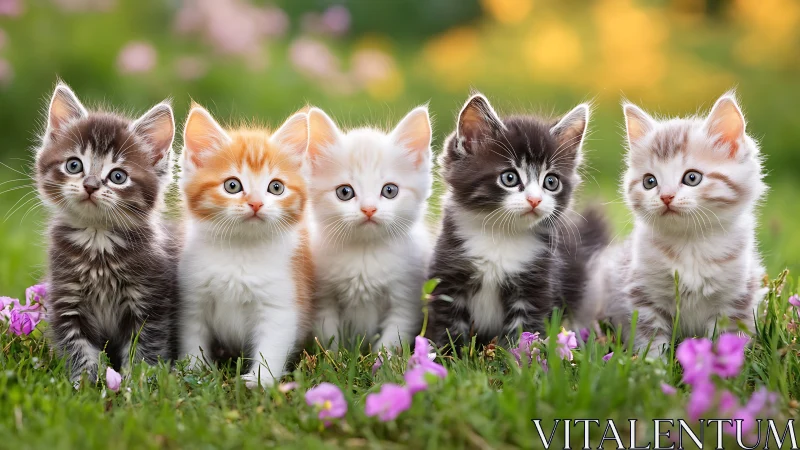 Five adorable kittens sitting together on spring grass.