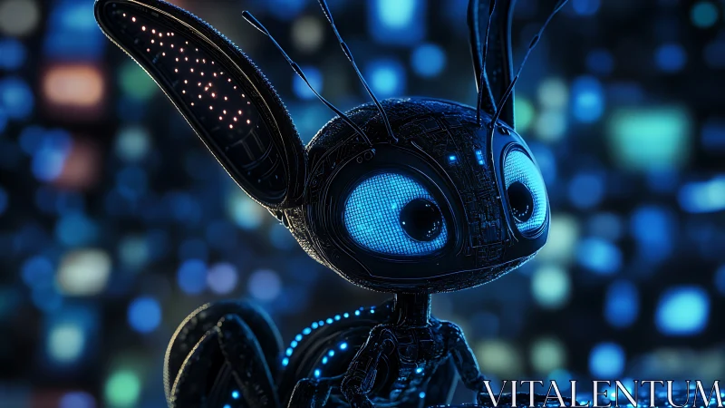 Cybernetic blue-eyed robot insect against neon bokeh grid.