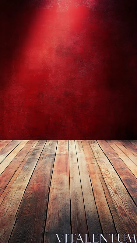 Scarlet studio wall leans into light above worn timber stage