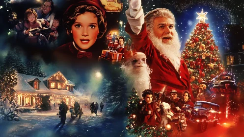 Composite Christmas film montage with Santa, family and lit snow scene
