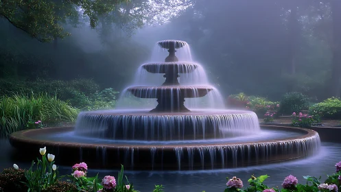 Tiered garden fountain pours soft cascades into misty pool
