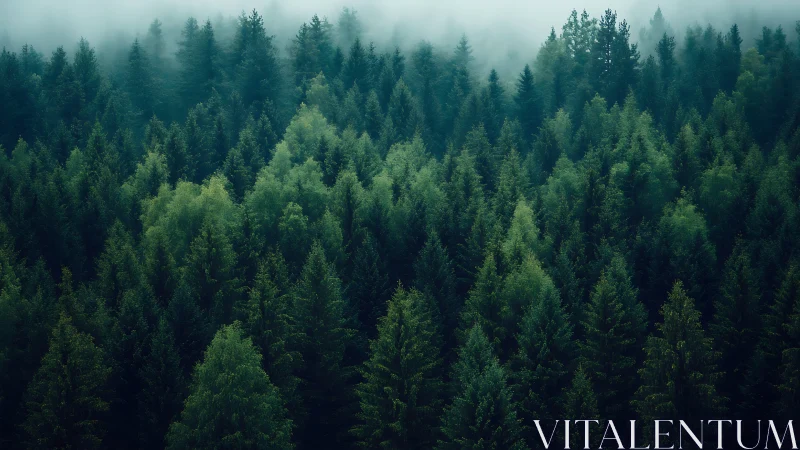 Dense coniferous forest shrouded in layered mist and fog