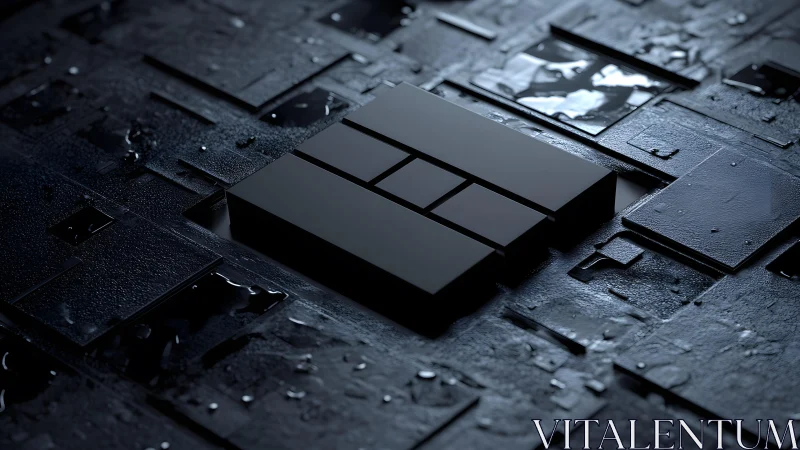 Sleek black geometric logo on wet textured tiles, 3D digital art.