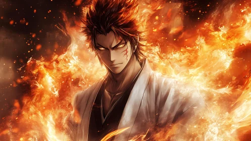 Fire-wreathed warrior locks eyes with the viewer and refuses mercy