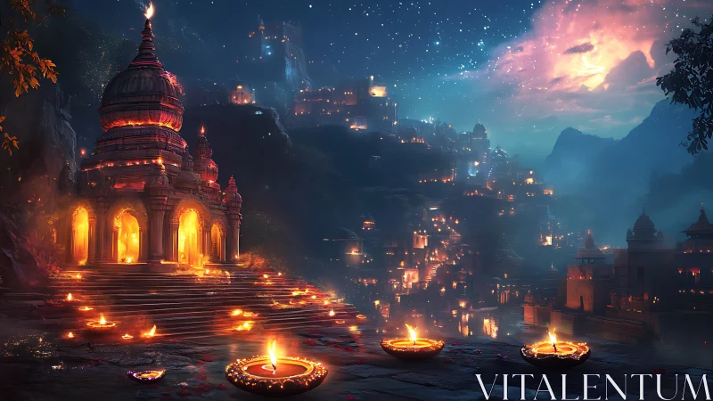 Temple city glows under starlit sky and floating lantern fire.