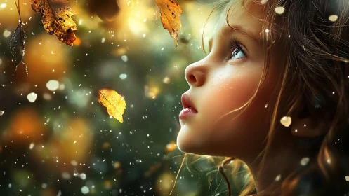 Child's Wonder Beneath Falling Autumn Leaves and Golden Light