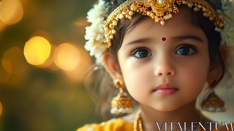 Young girl in ornate gold jewelry against luminous bokeh background.