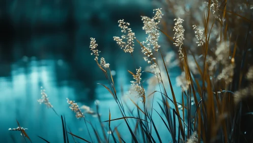 Sunlit reeds glow softly beside a tranquil blue pond.