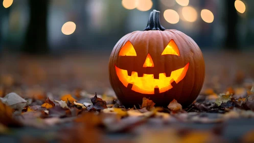 Grinning jack-o’-lantern glows amid twilight autumn leaves.