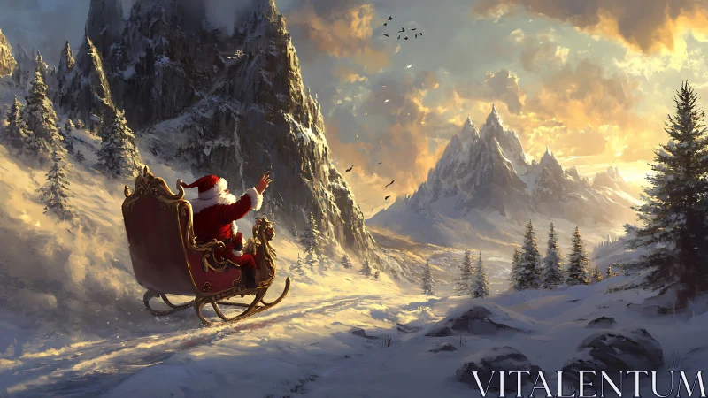 Santa in ornate sleigh crossing bright snowy mountainscape.