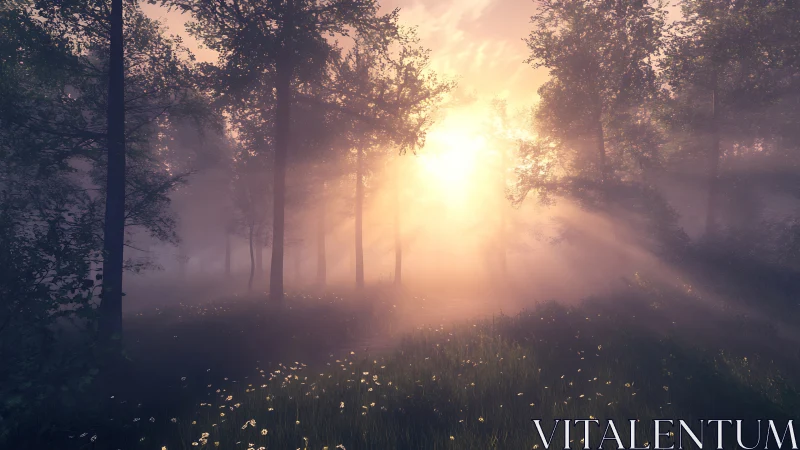 Photorealistic dawn forest with volumetric sunbeams and mist.
