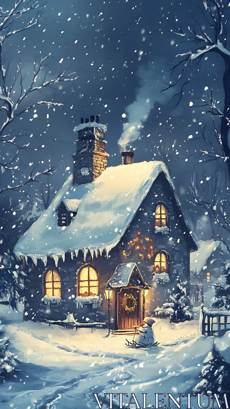Snowy cottage glow on a quiet, storybook winter night.