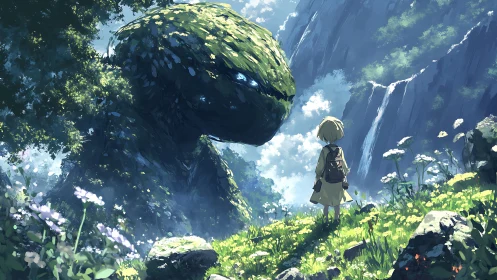 Child encounters moss-covered forest colossus in luminous valley