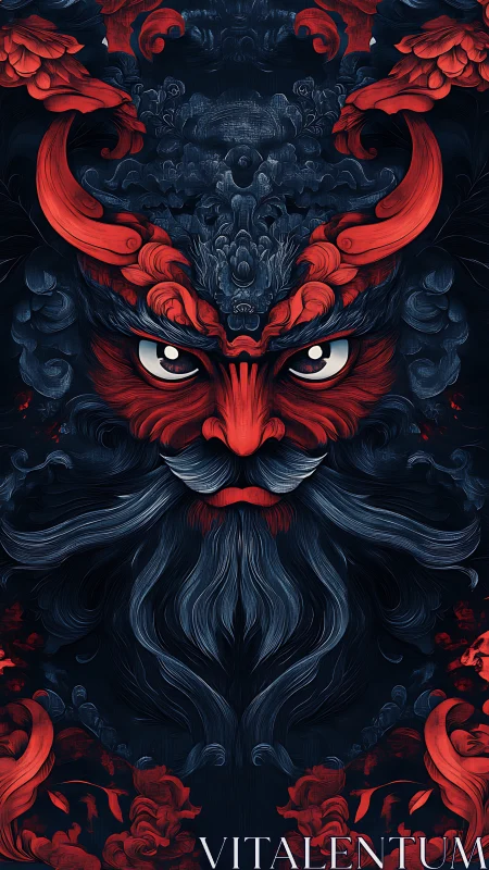 Fiery horned spirit with swirling midnight-blue beard gaze.