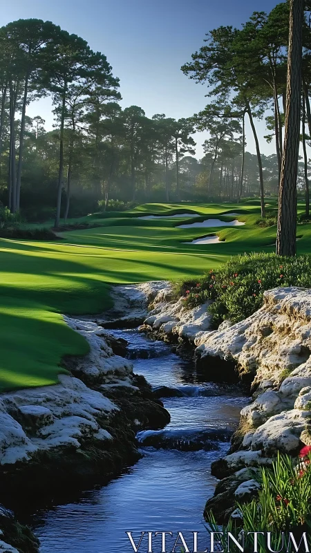 Photorealistic golf fairway with creek and forest edge framing.
