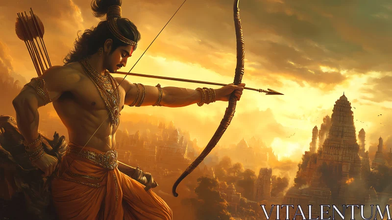 Mythic archer poised against luminous temple skyline.