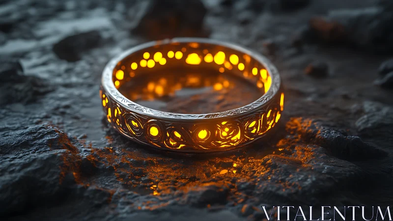 Metallic ring with internal orange light rests on wet rock