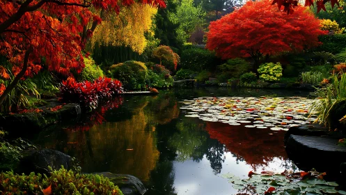 Crimson maples crown a glassy pond in autumn’s secret garden.