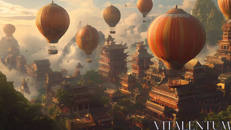 Skyward pagoda city drifting beneath lantern balloons.