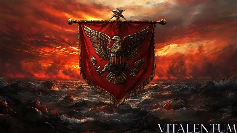 Stormborne crimson standard over a raging ember sea.