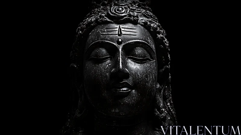 Stone deity portrait with dramatic low key side lighting.