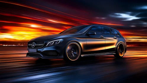 Sport wagon accelerates along luminous sunset highway