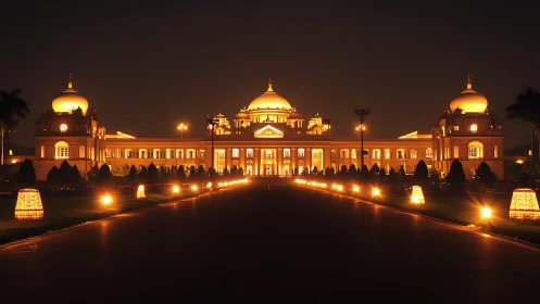 Symmetrical domed palace facade under axial nocturnal lighting.