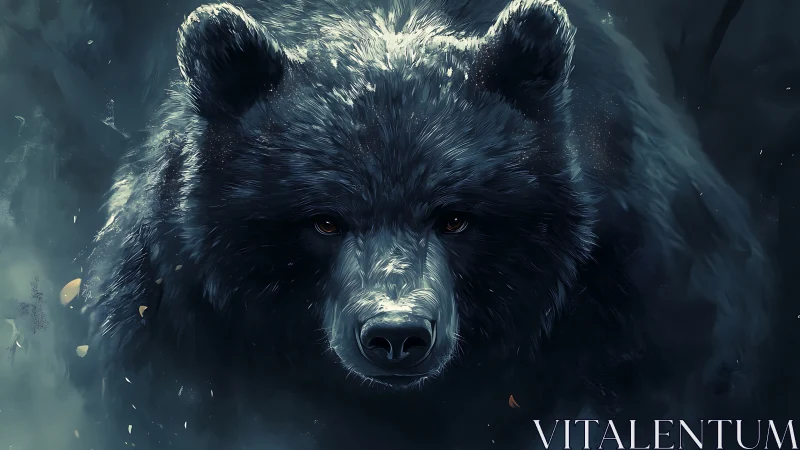 Digital portrait of dark bear in misty forest setting.